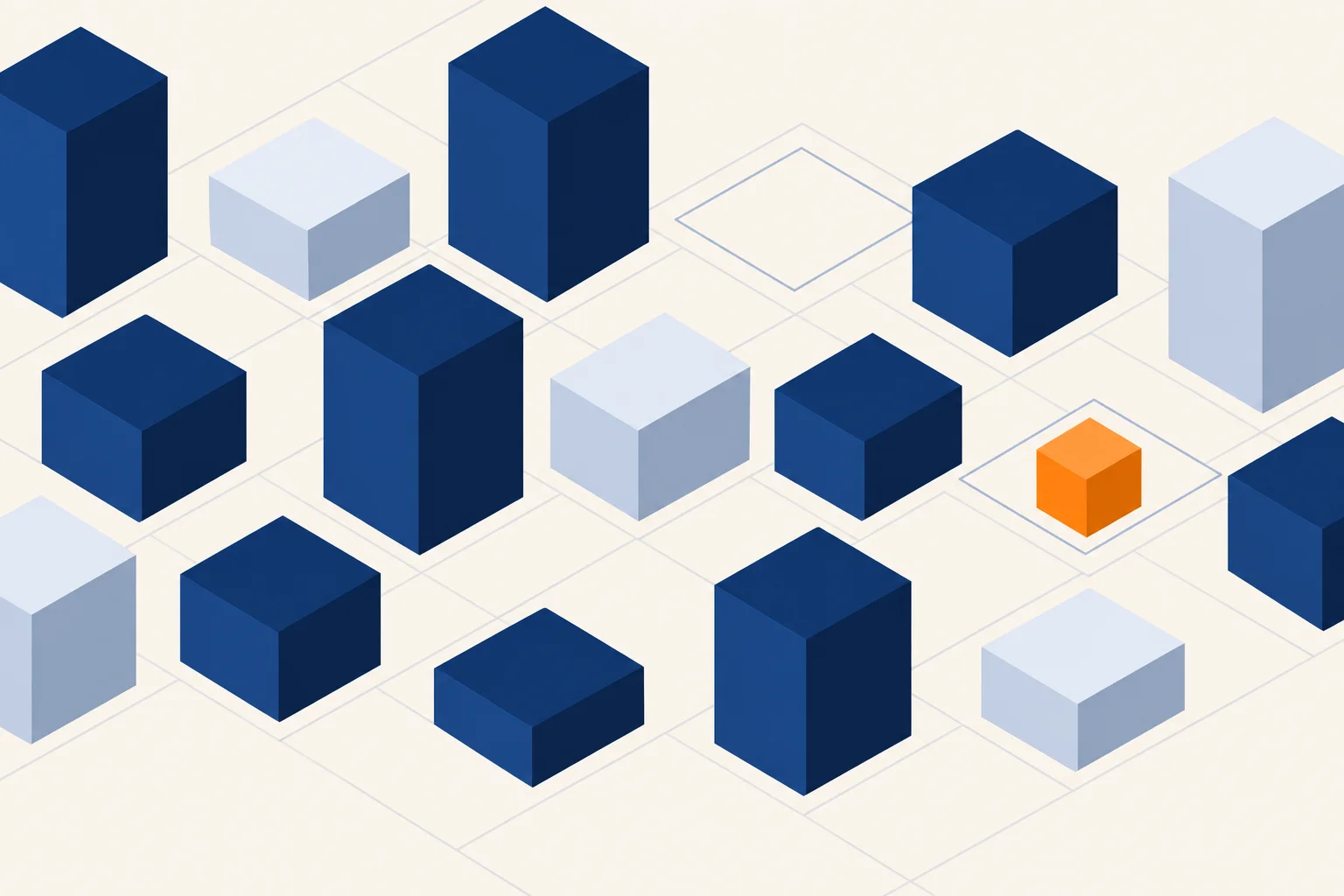 Navy and pale blocks of different heights standing on a cream grid, with one outlined square holding a single small orange block