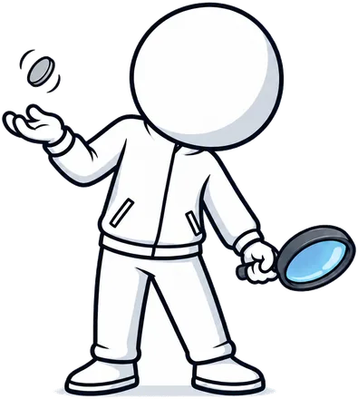 Visi, the Avisible mascot, flipping a coin and holding a magnifying glass